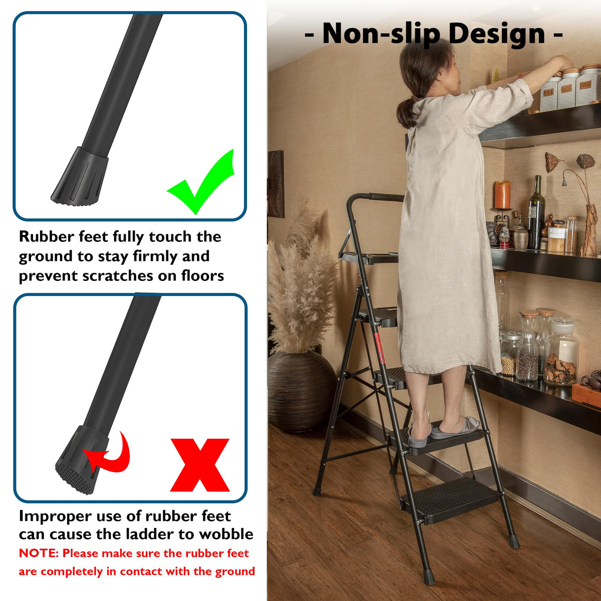 BONTEC 4-Step Ladder rubber feet protect floors and prevent wobble