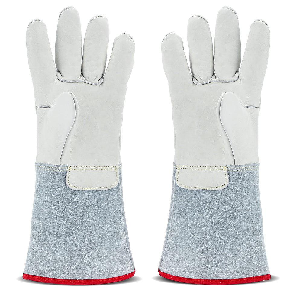 Bonvoisin cryogenic gloves, 14-2 inch long, protect hands during liquid nitrogen handling.