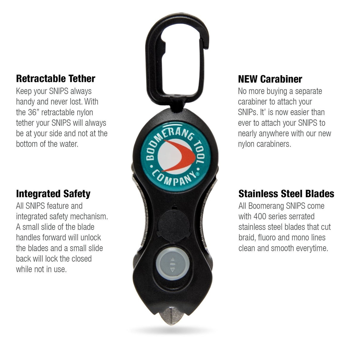 Boomerang Tool Company Original Snip with stainless steel serrated blades for clean cuts on braid and mono.