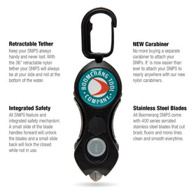 Boomerang Tool Company Original Snip with stainless steel serrated blades for clean cuts on braid and mono.