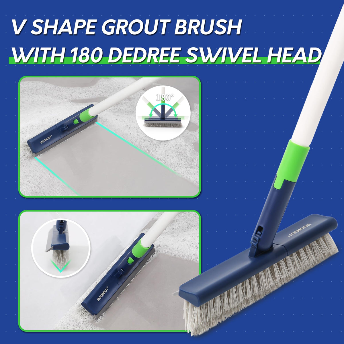 BoomJOY V-shaped grout brush targets grout lines with precision
