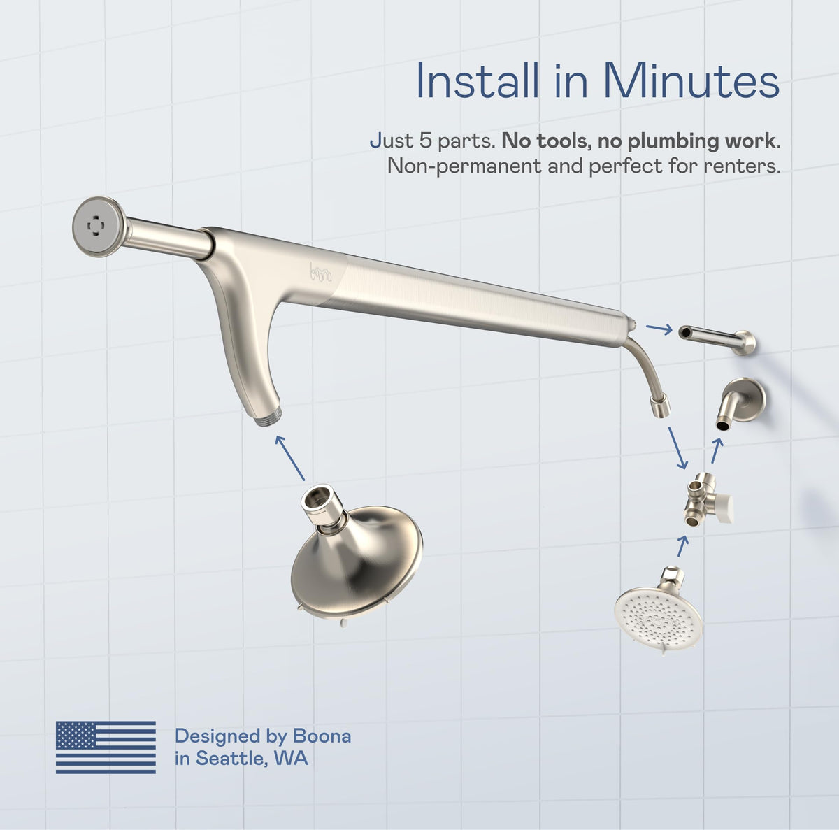BOONA Original Tandem Shower brushed nickel finish for a modern bath