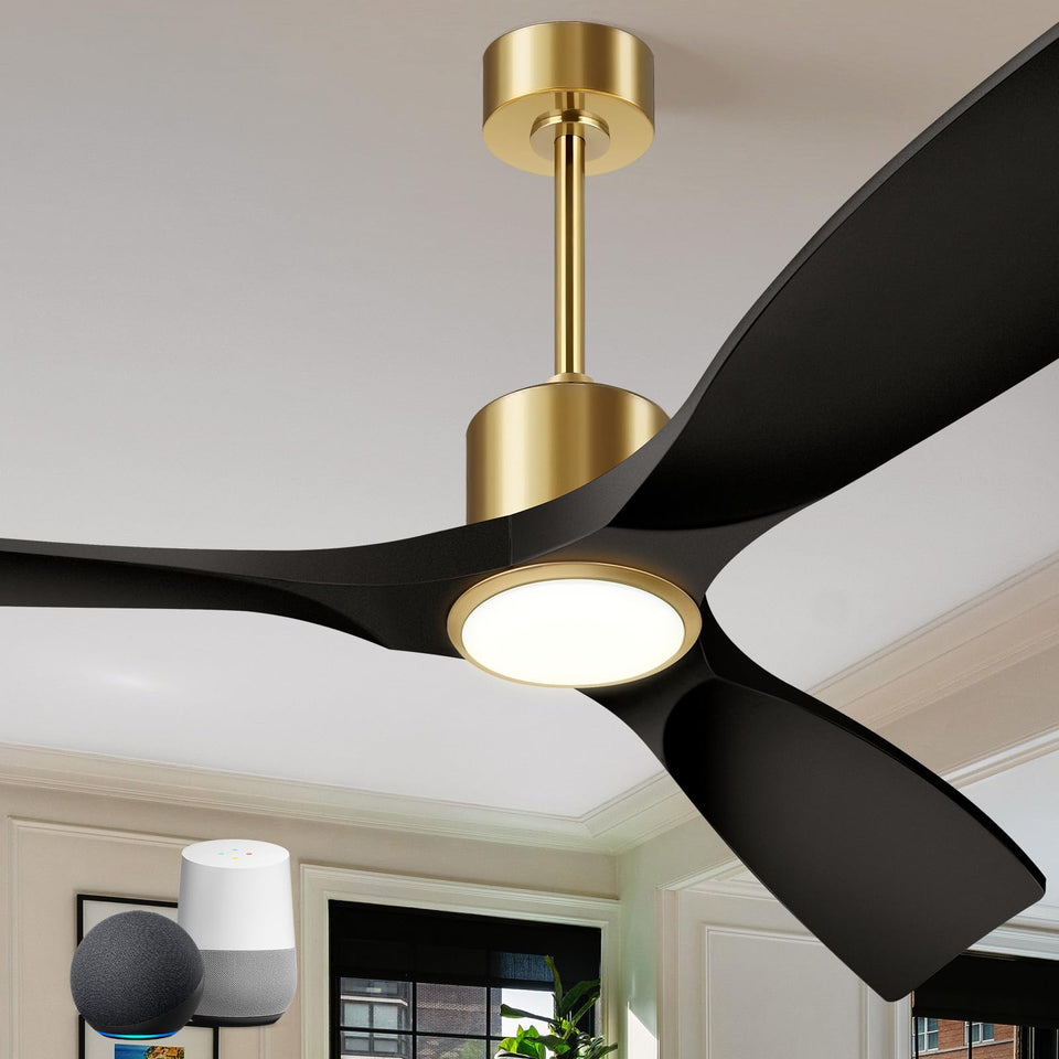 BOOSANT 52in ceiling fan with matte black and gold, front view for outdoor cooling