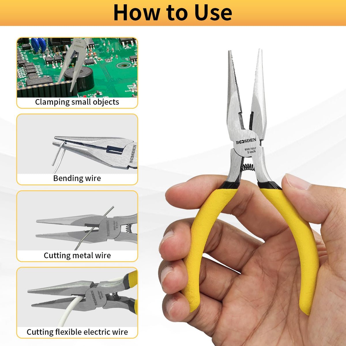 BOOSDEN slim-profile needle nose reach tight spaces for delicate electronics or crafts.