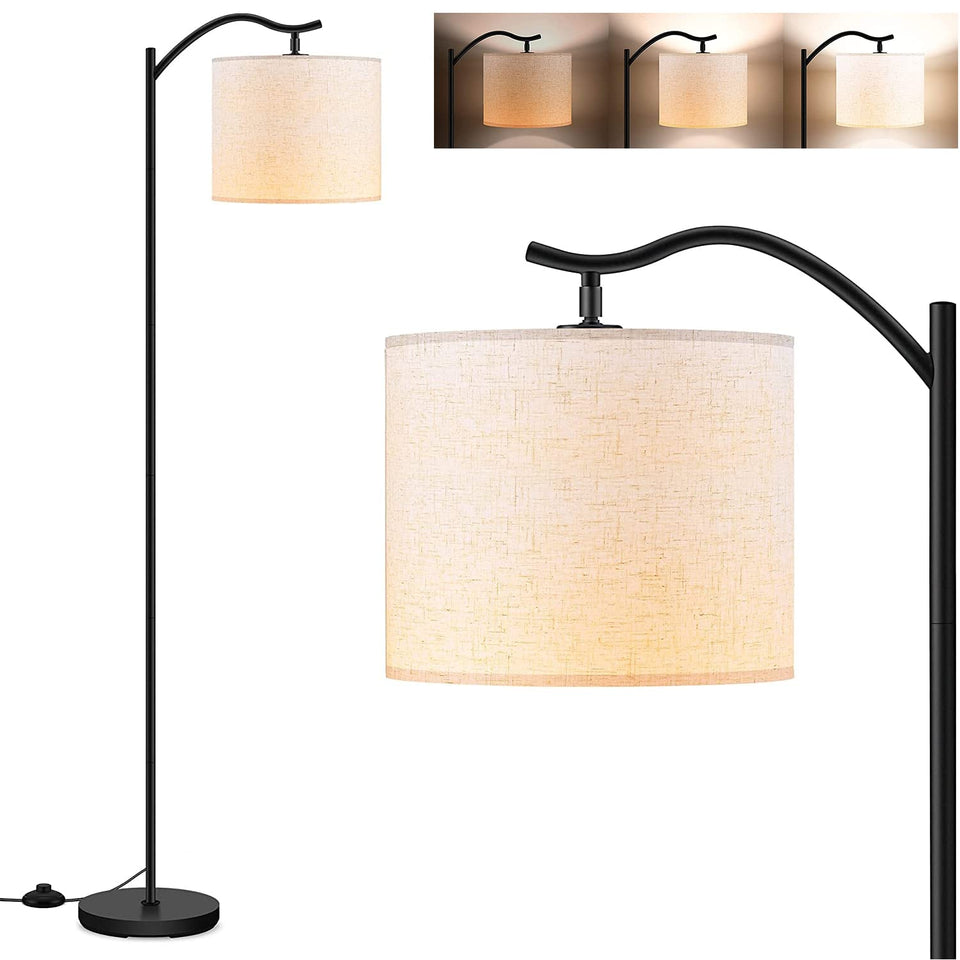 BoostArea arched floor lamp with beige linen shade in living room for soft ambient lighting
