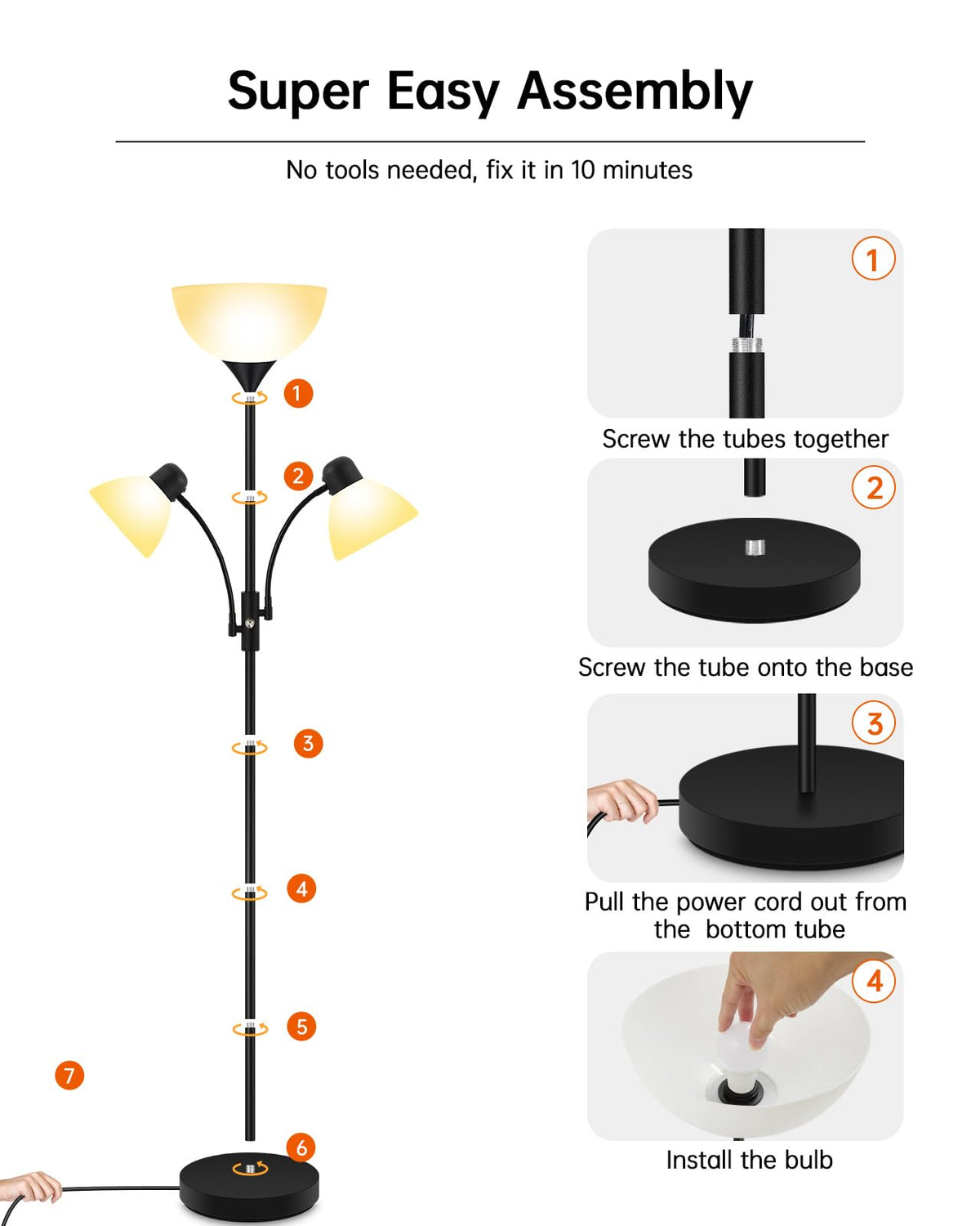 Easy-assembly lamp with a stable base for safe setup.