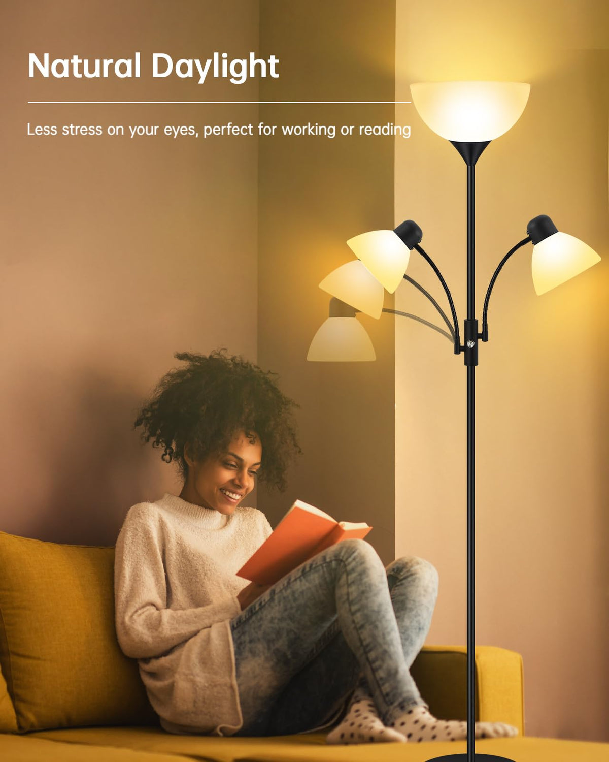 Tall standing lamp fits beside couches or beds without crowding space.