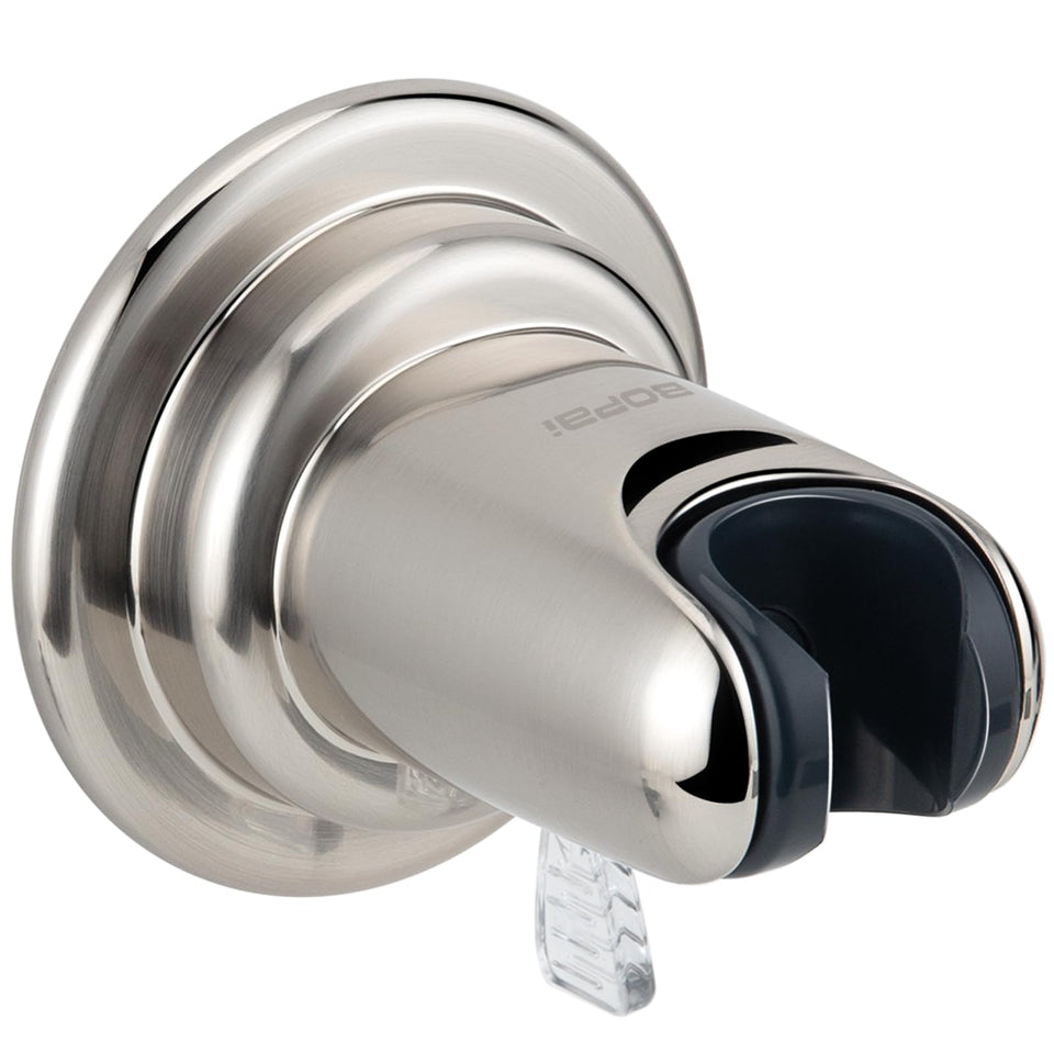 BOPai brushed nickel suction holder keeps a standard handheld shower secure on smooth surfaces.