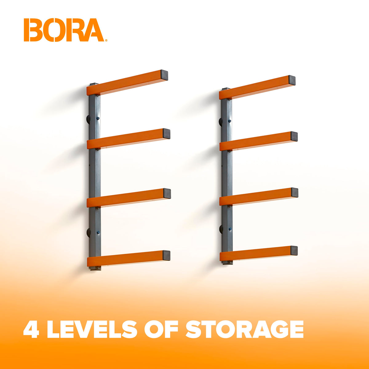 BORA 4-level adjustable shelves demonstrate customizable vertical storage for tools and pipes.
