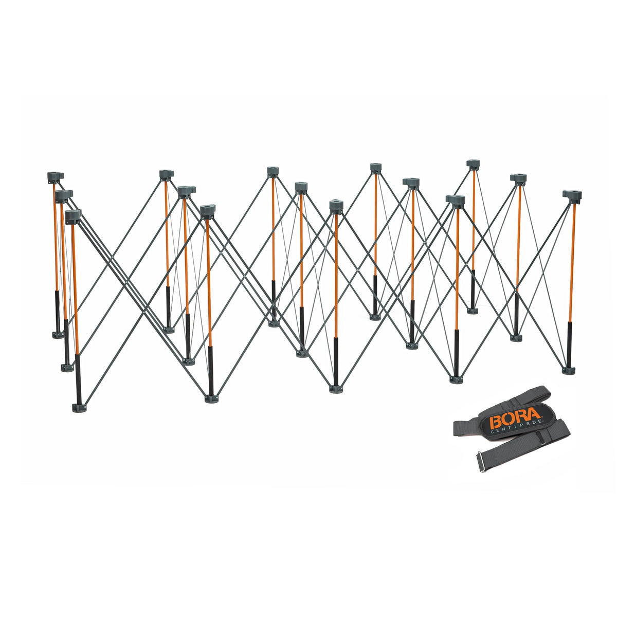 BORA Centipede folded workbench for compact storage and easy transport.