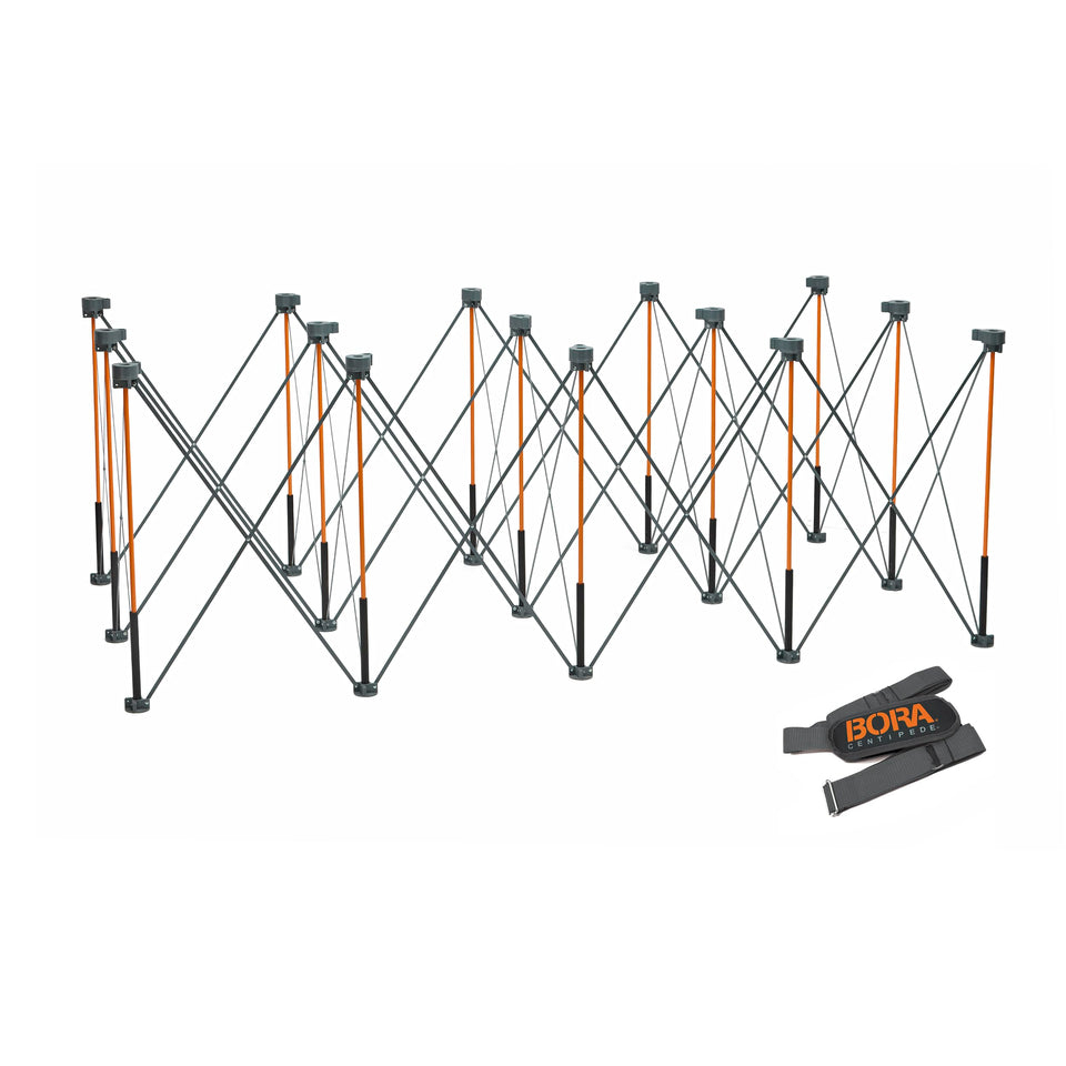 BORA Centipede folded workbench for compact storage and easy transport.