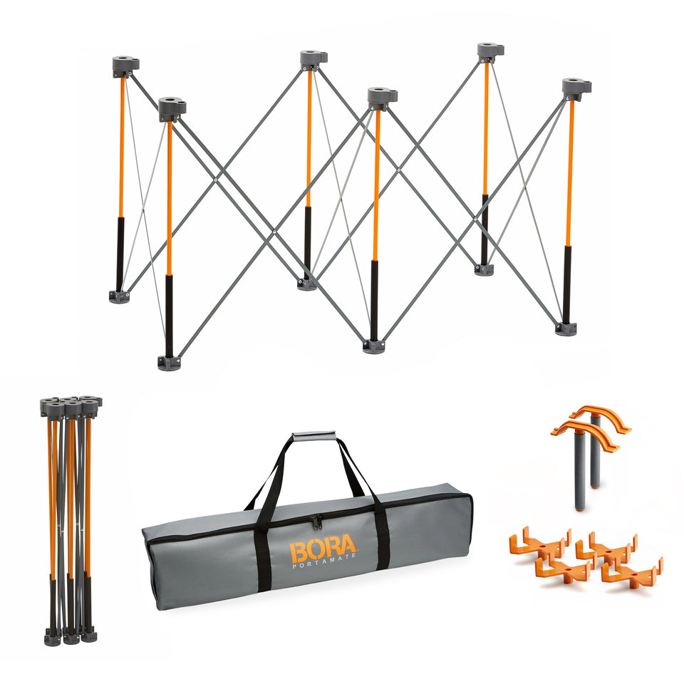 BORA Centipede folding work table base provides sturdy support for large projects.