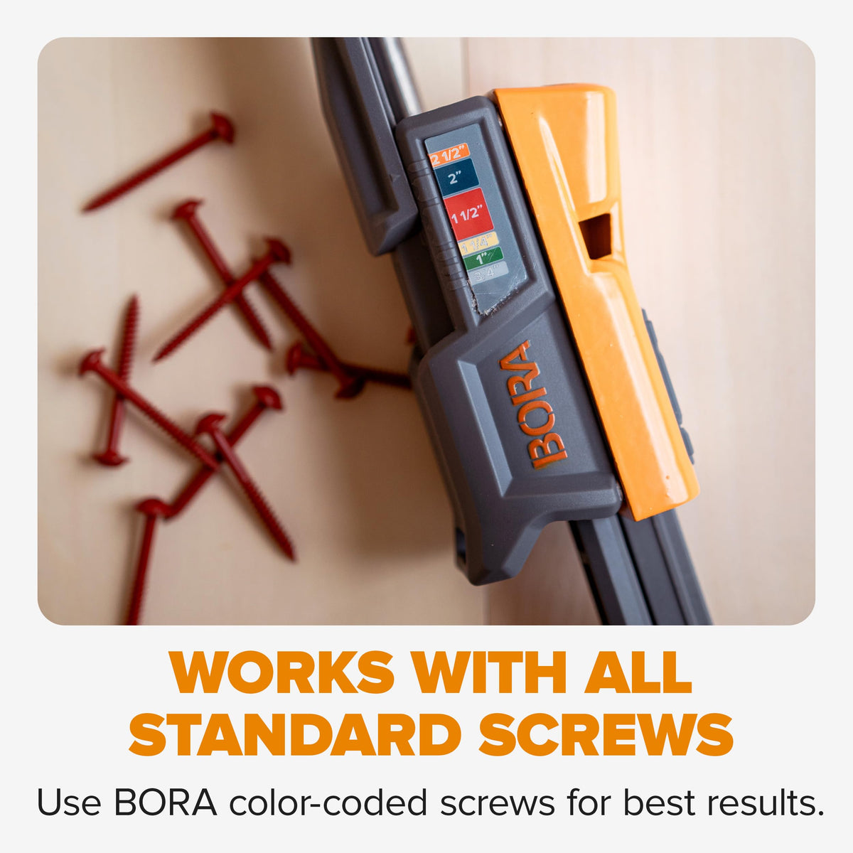 BORA drill with stop collar for repeatable depth control.