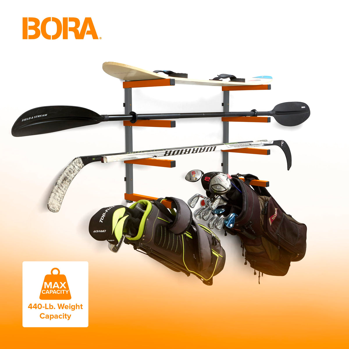 BORA lumber storage rack neatly organizes lumber and pipes without floor clutter.
