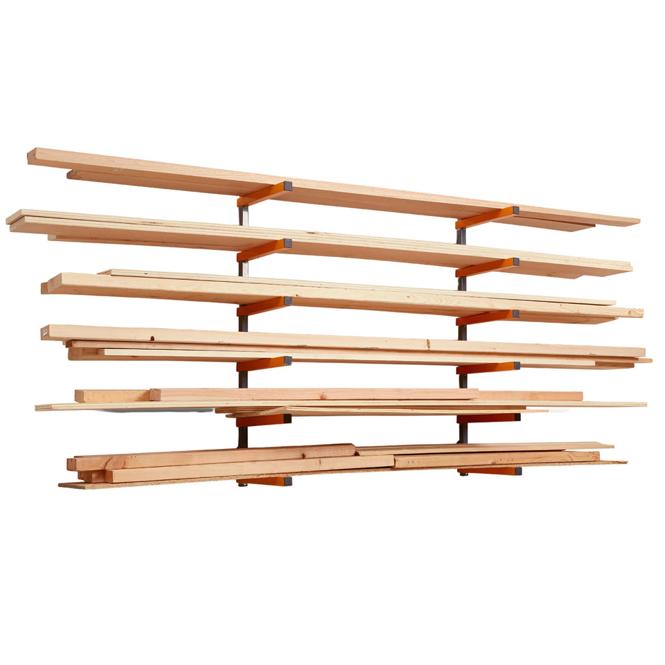 Bora PBR-001 wood rack mounted on wall saves space and organizes lumber