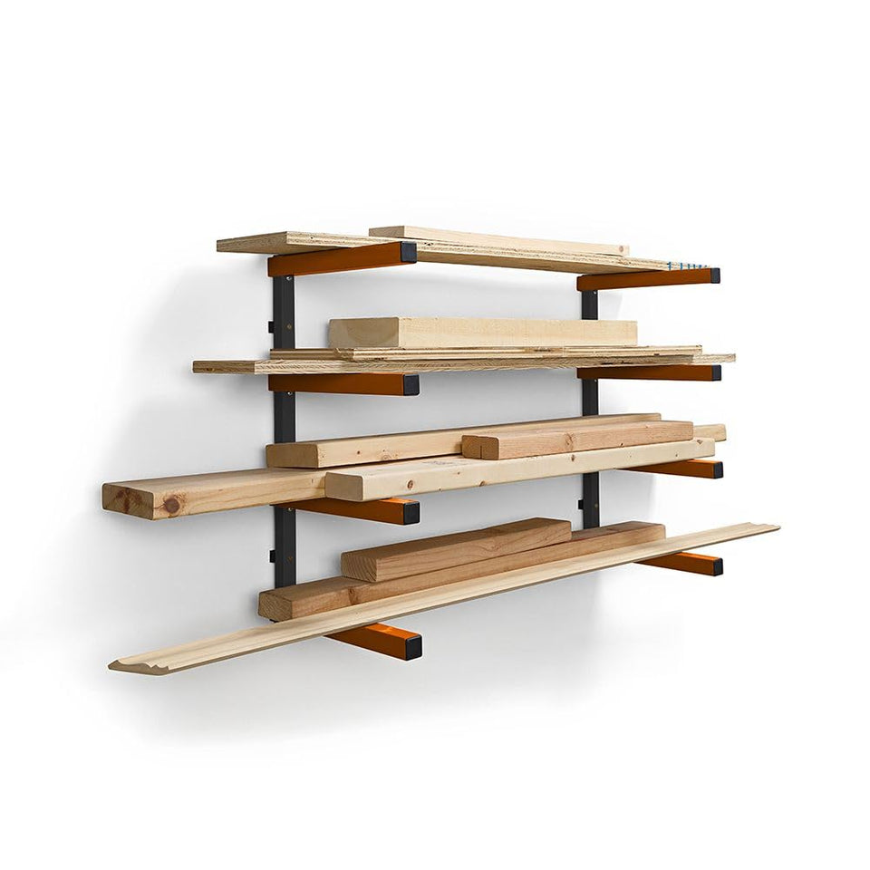 BORA wood storage rack wall mount showing sturdy four-level design for garage organization.