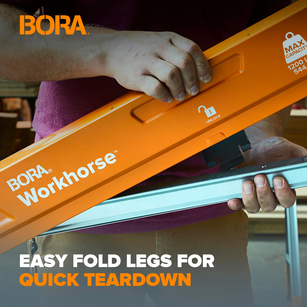 BORA Workhorse Sawhorse portable workbench ready for on-site tasks.