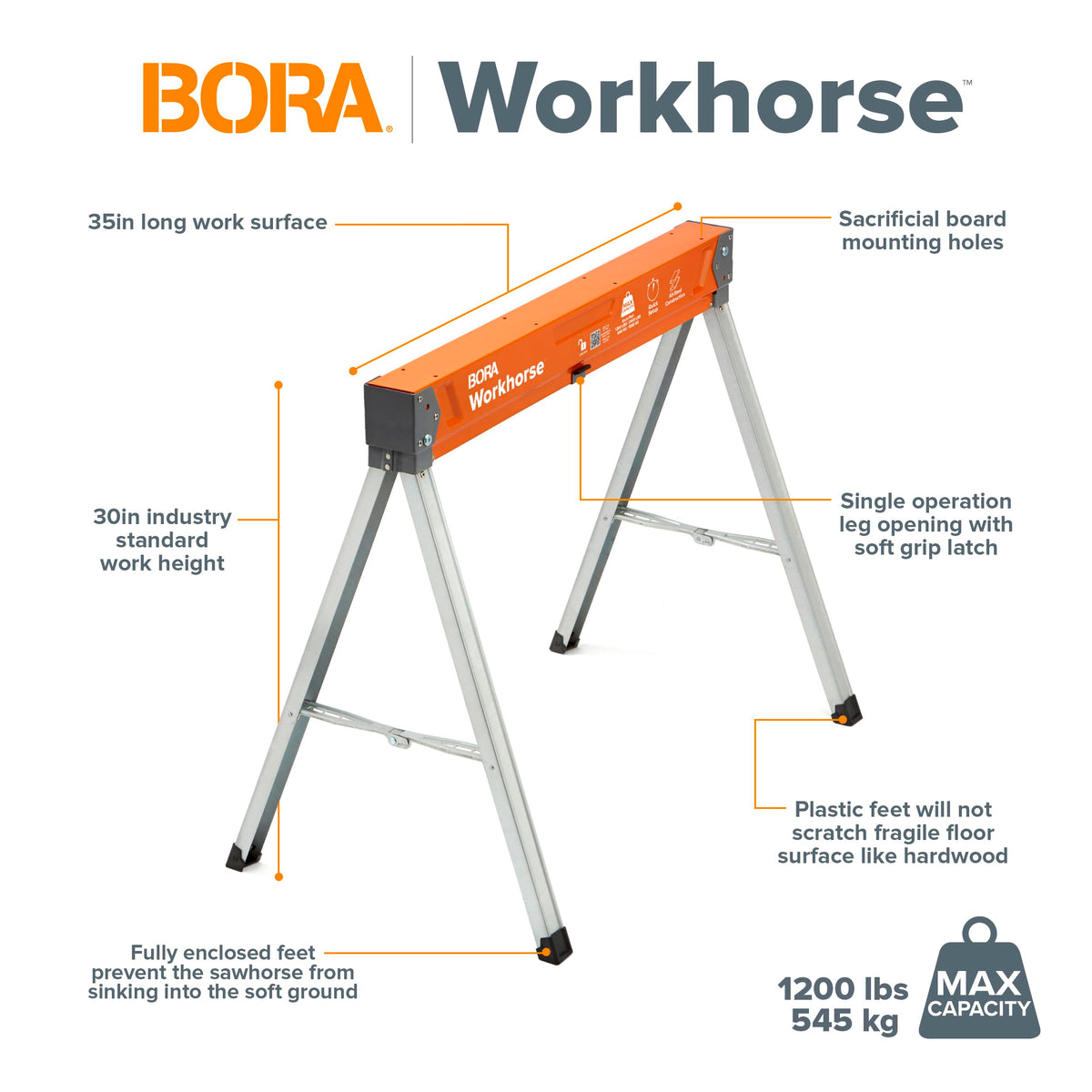 BORA Workhorse Sawhorse folded legs demonstrate quick storage and portability.