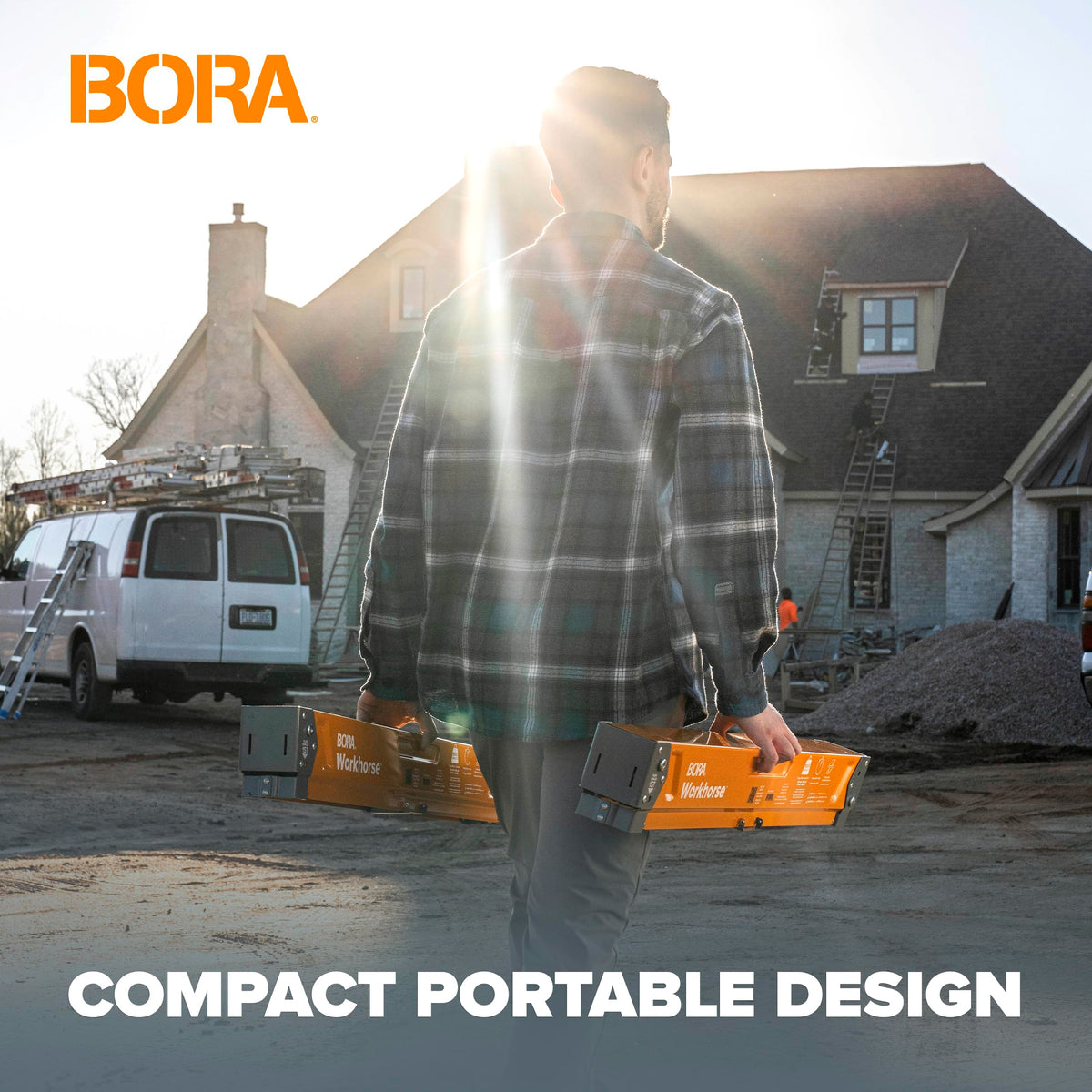 BORA Workhorse Sawhorse portable workbench ready for on-site tasks.