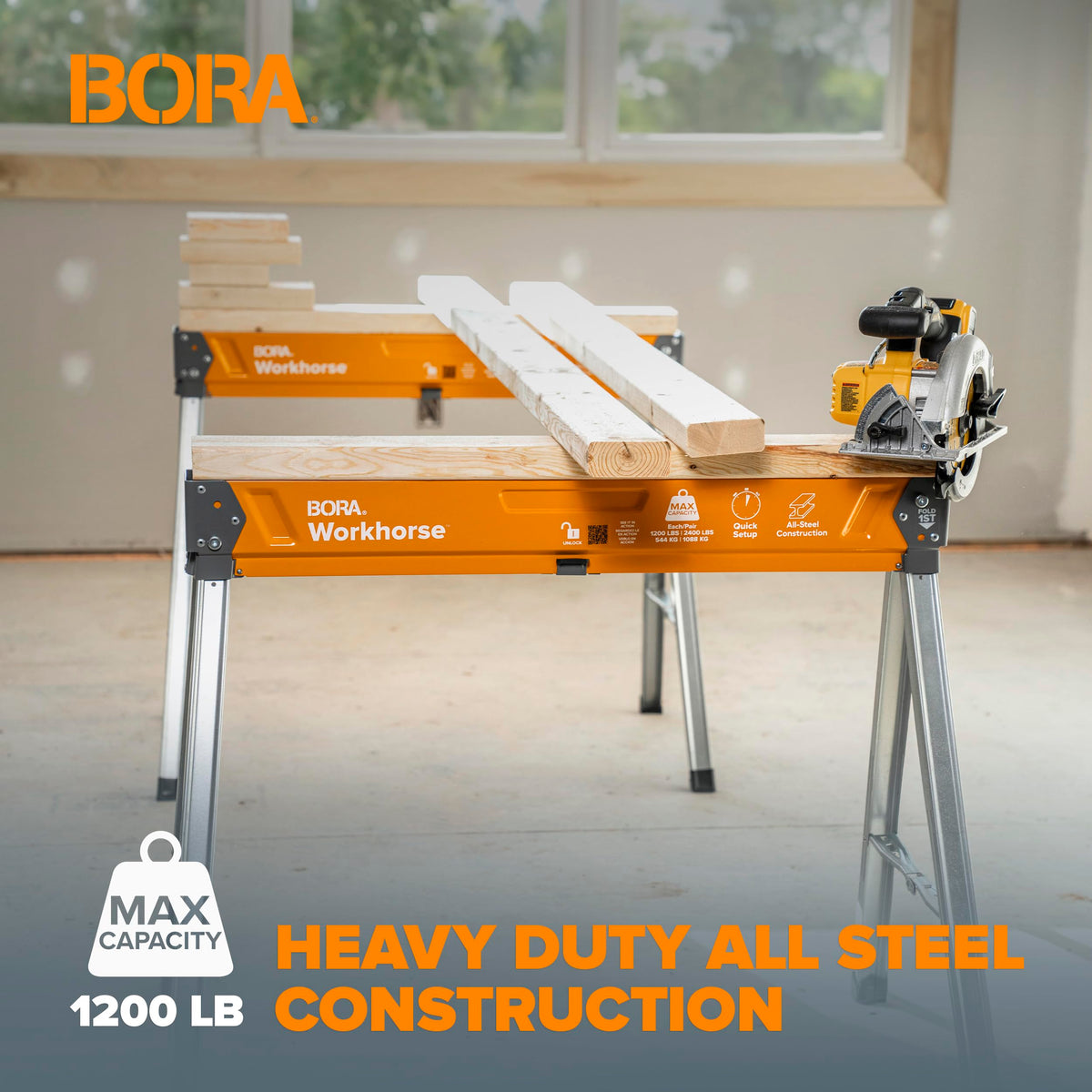 BORA Workhorse Sawhorse quick-deploy legs speed up setup.