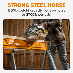BORA Workhorse Sawhorses with 2x4 brackets connectable to form a portable workbench.