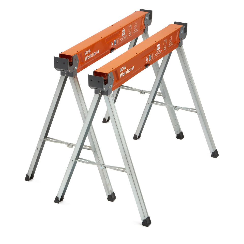 BORA Workhorse Sawhorses deployed with legs extended for stable on-site support.