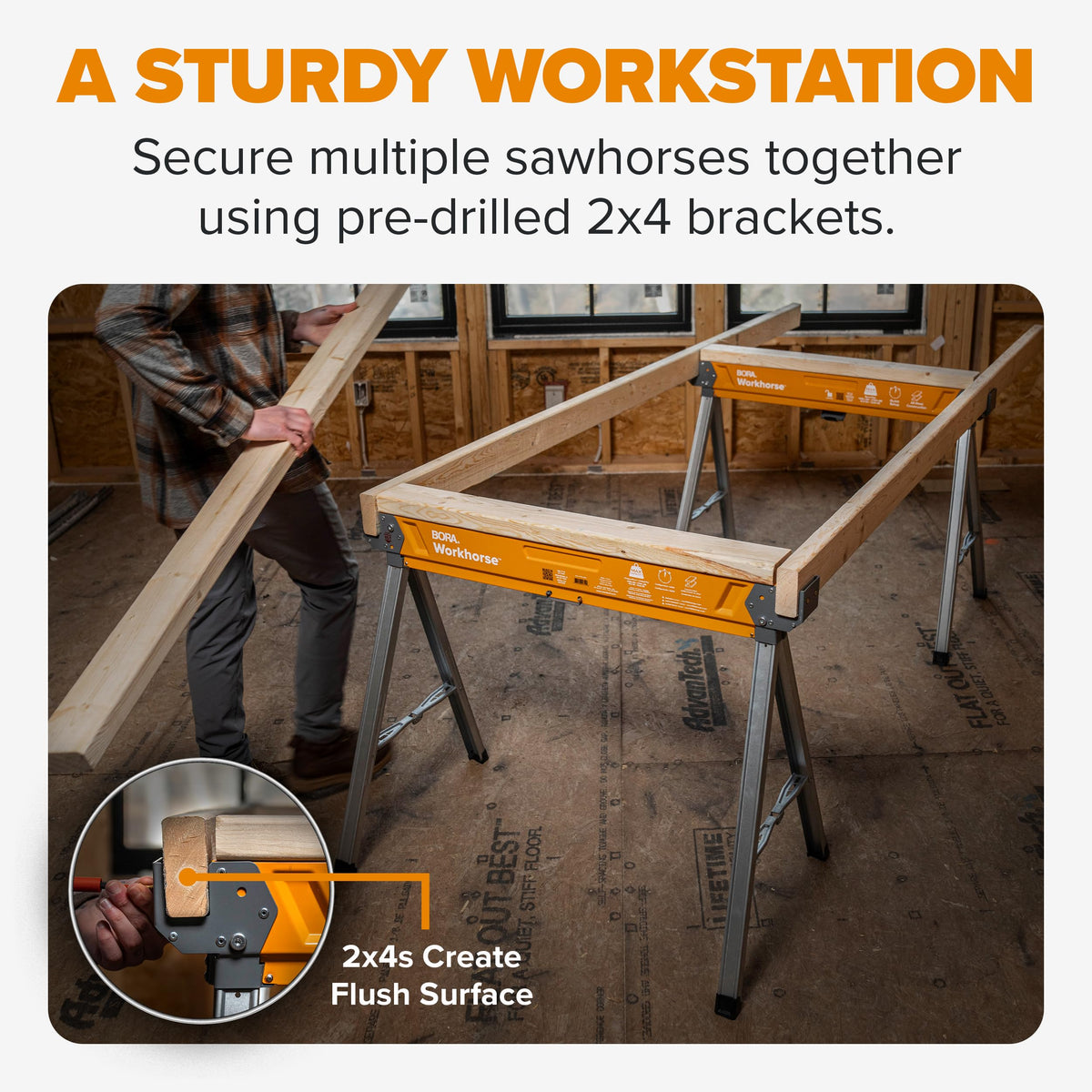 BORA Workhorse Sawhorses heavy-duty steel frame withstands rugged job sites.