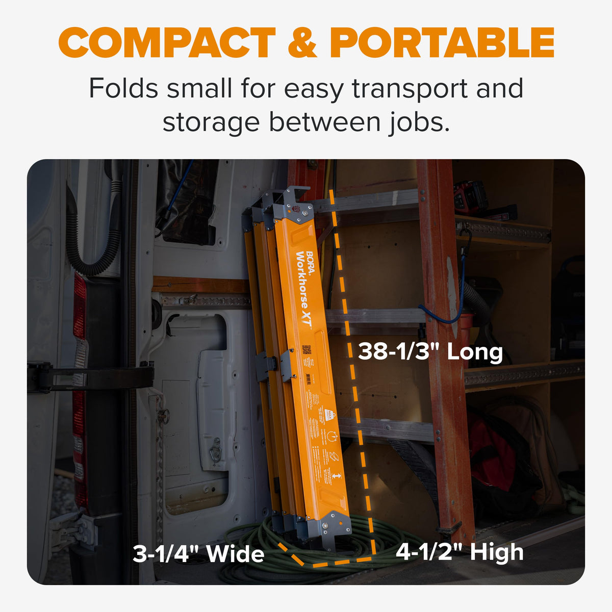 BORA Workhorse Sawhorses storage and transport case keeps equipment organized.