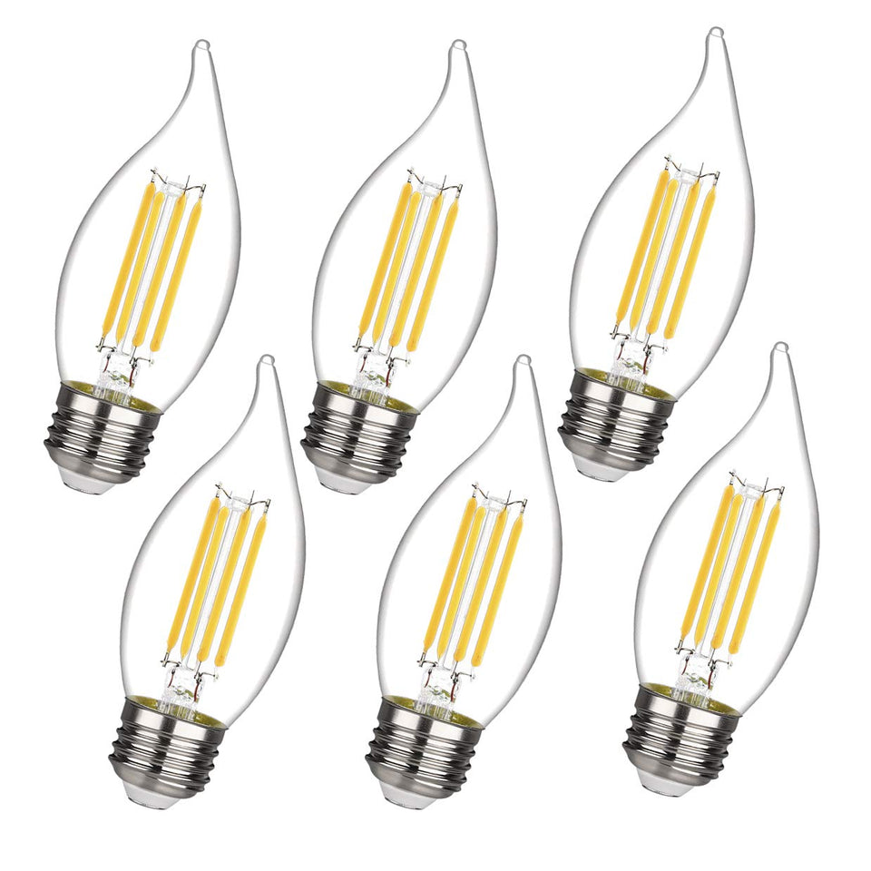 BORT C35/E26 flame-tip bulb close-up with vintage filament style for chandeliers