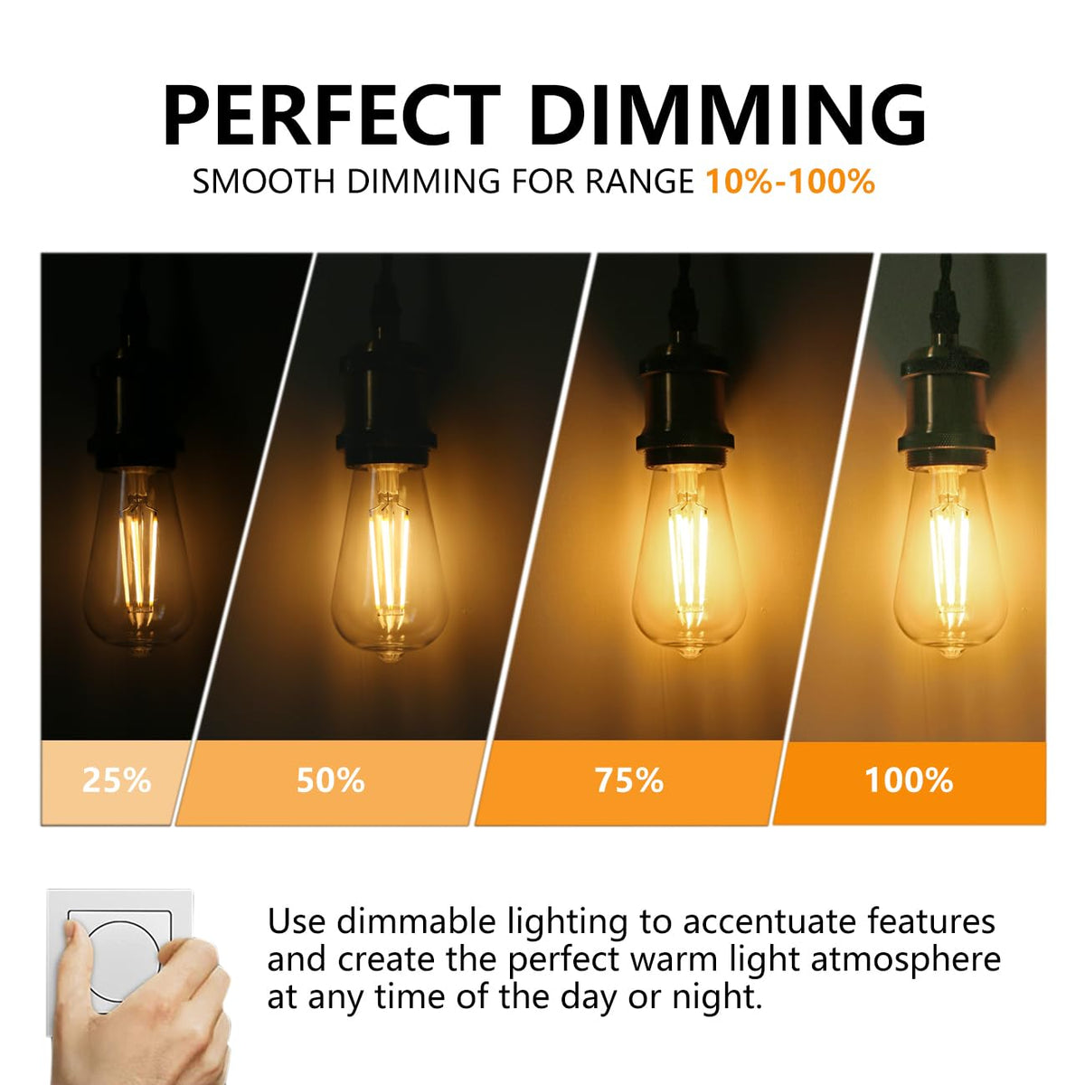 BORT dimmable filament bulbs allow smooth brightness for dining and ambiance.