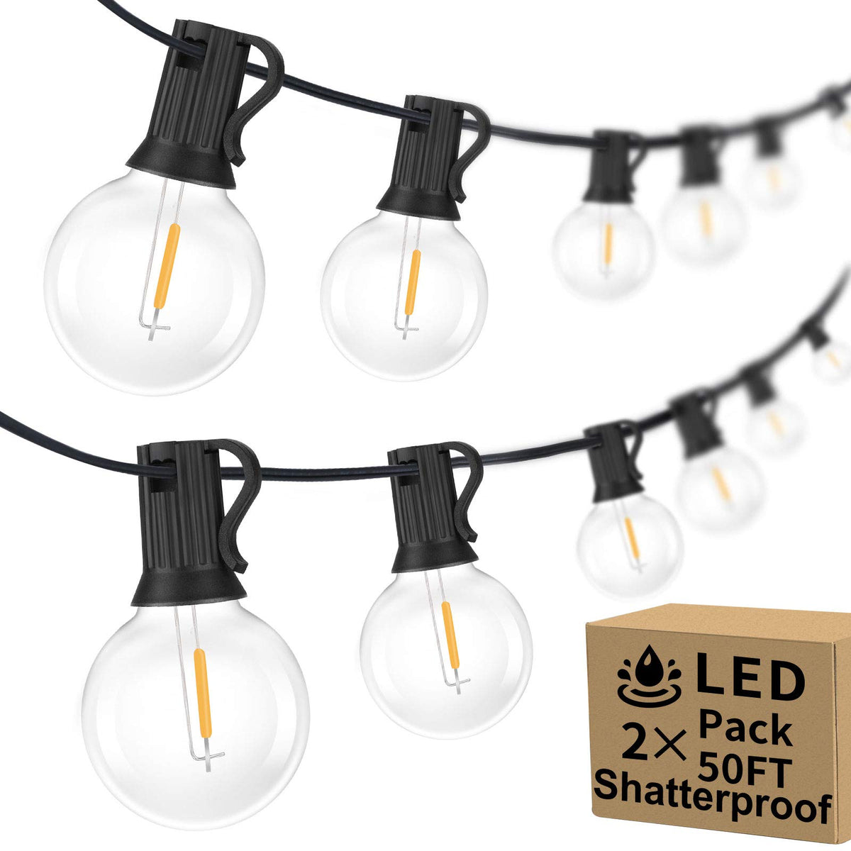 Bosceos 100ft G40 globe string lights in packaging ready to decorate outdoor spaces.
