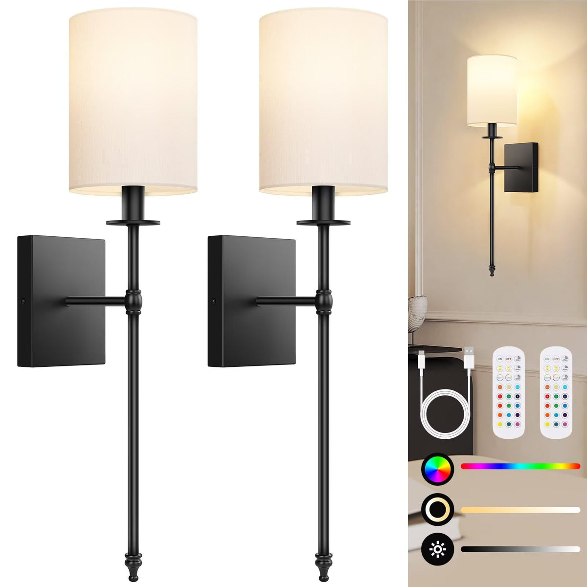 Bosceos 24.8-inch wall sconces pair brighten spaces wirelessly.