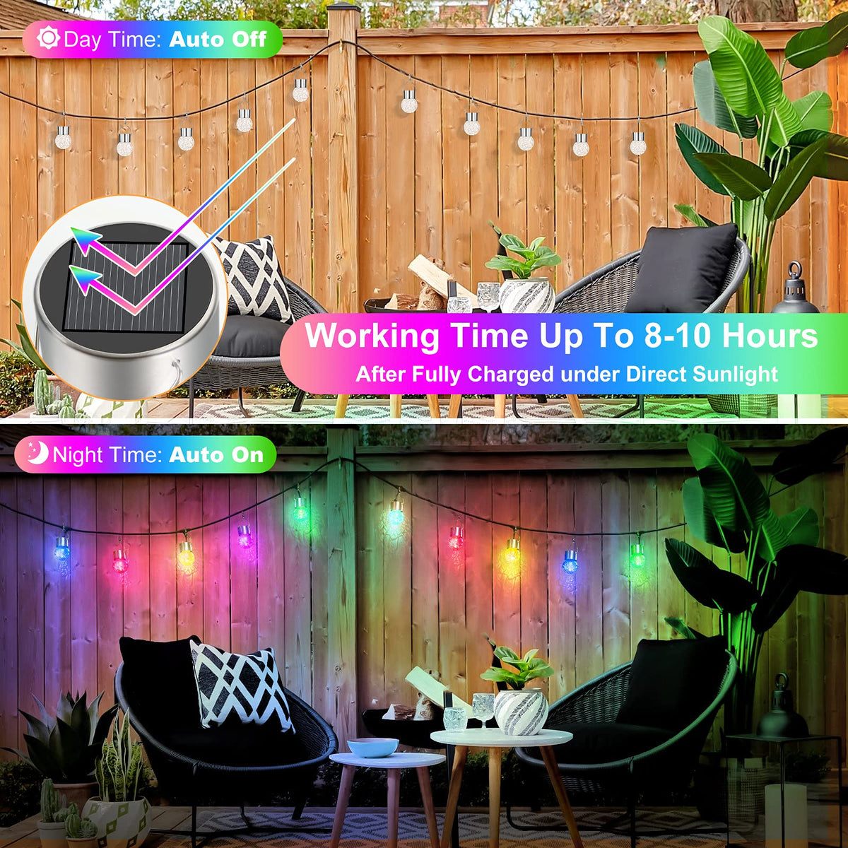 Bosceos crackled glass garden lights add romantic glow to patios and fences after sunset.