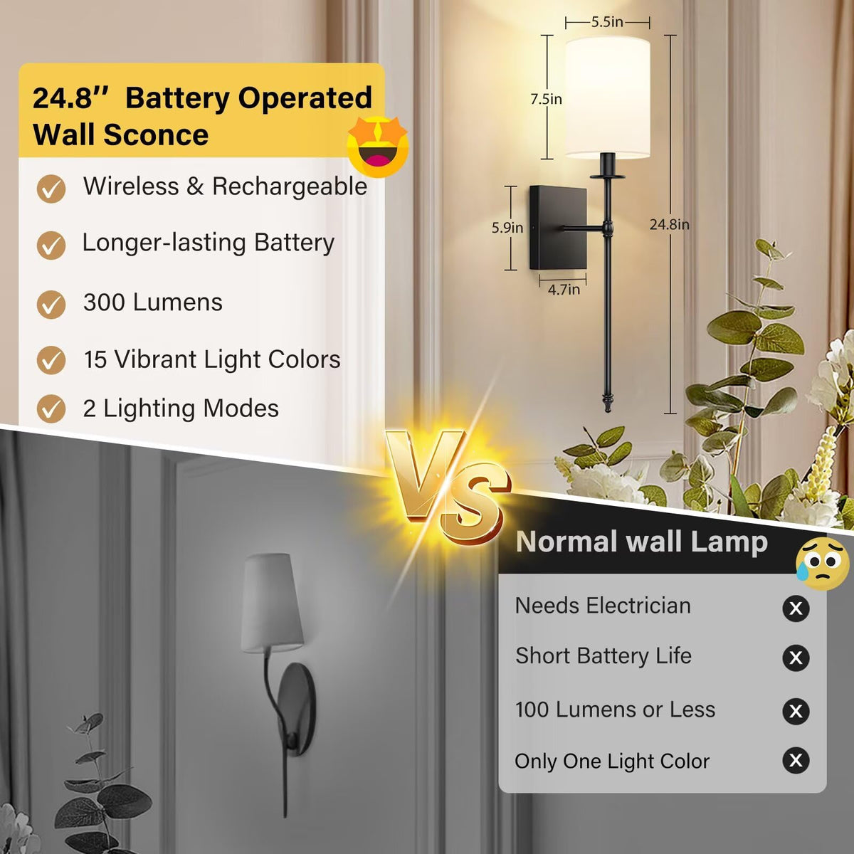 Bosceos rechargeable sconce bulb shown detaching for charging.