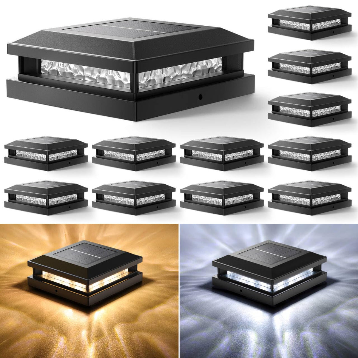 Bosceos solar post cap light on a 4x4 post with quick base fit for easy installation.