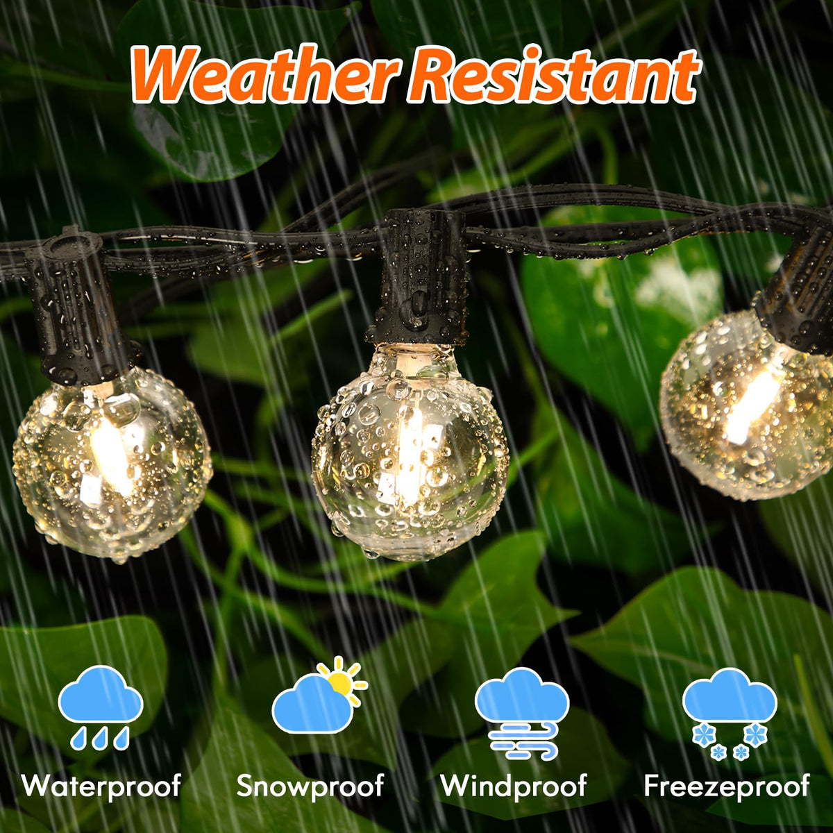 Bosceos waterproof string lights withstand rain and sun for outdoor decor.
