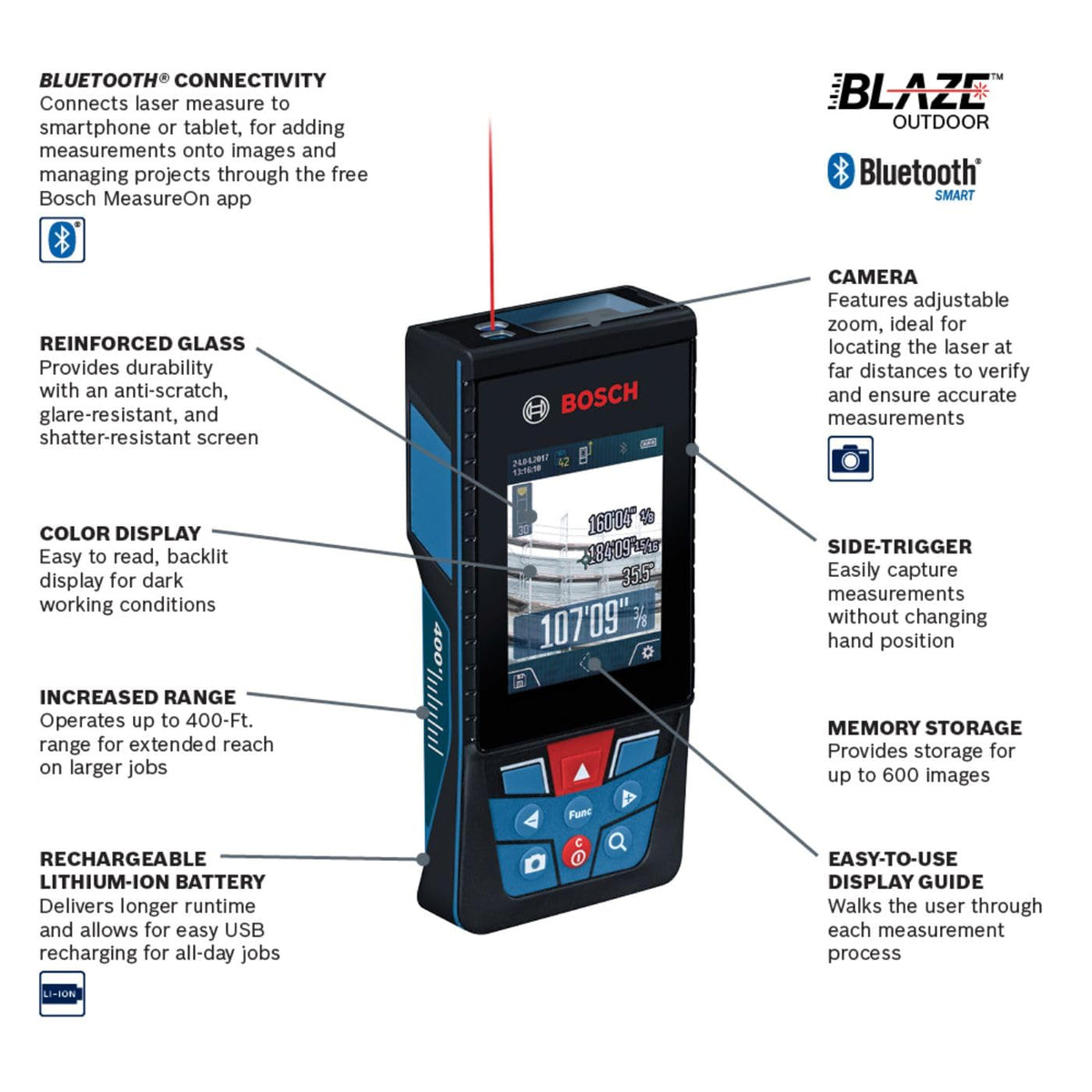 Bosch Blaze GLM400C accurate range up to 400 feet supports precise outdoor measurements
