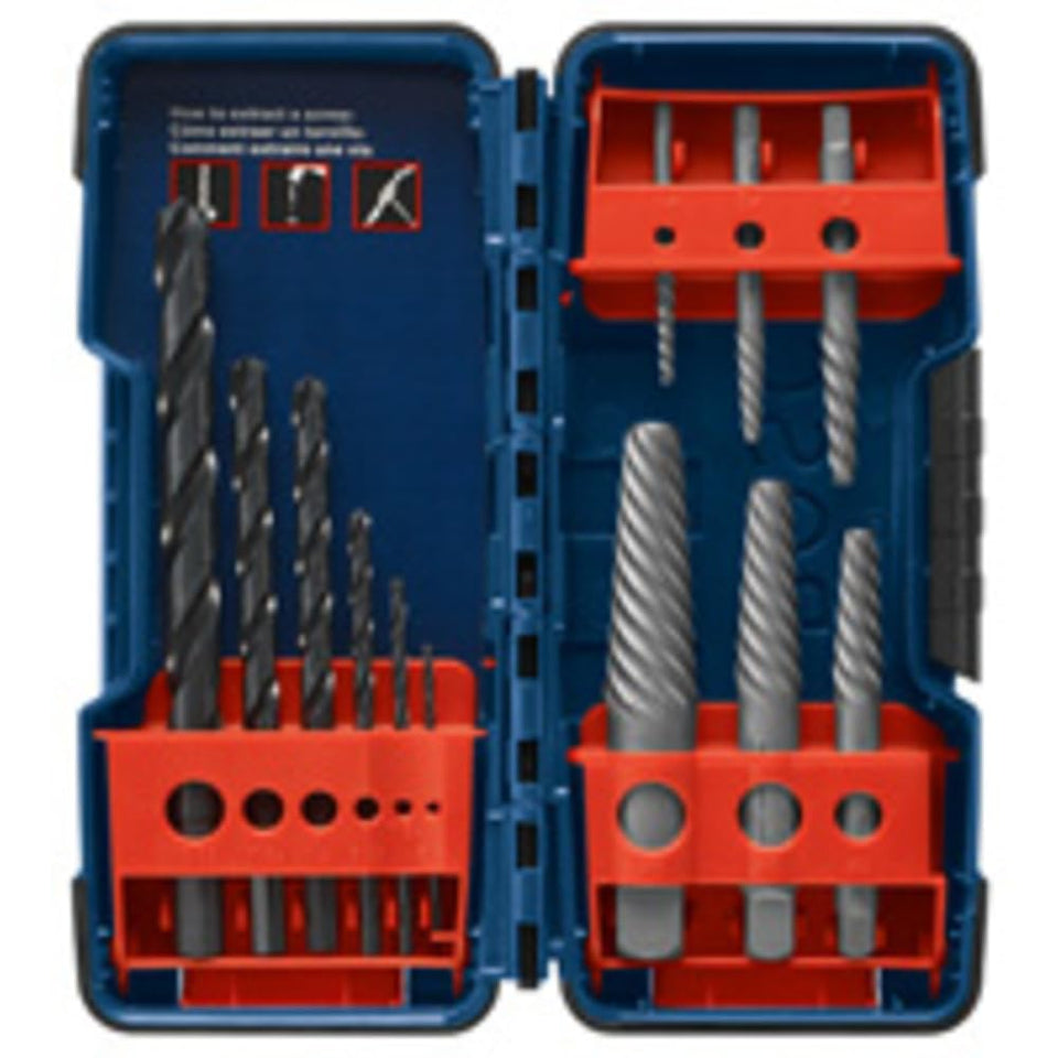 Bosch BSPE6D screw extractor set with left-flute grips for secure removal of damaged fasteners.