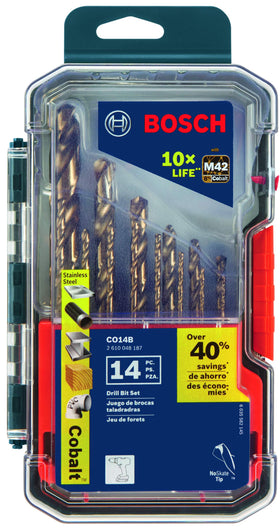 Bosch CO14B cobalt M42 bits in case for durable stainless steel drilling.