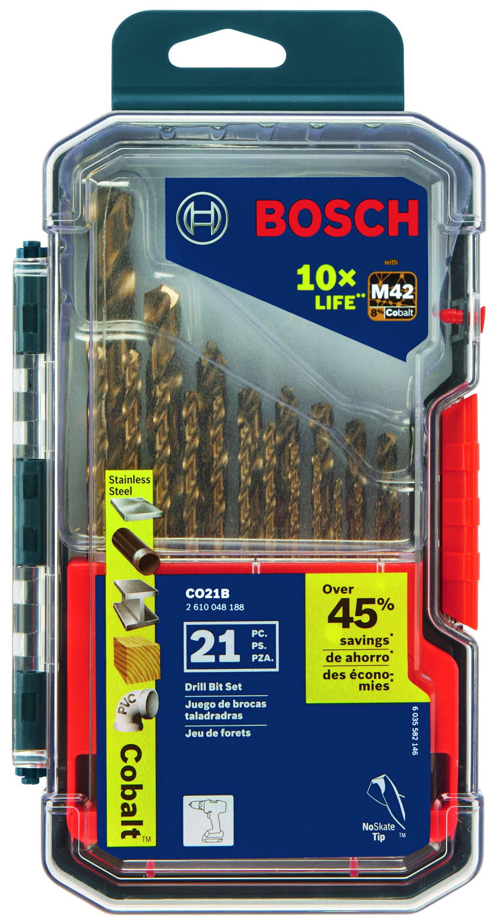 Bosch CO21B case and bits for organized drilling projects and quick bit access.