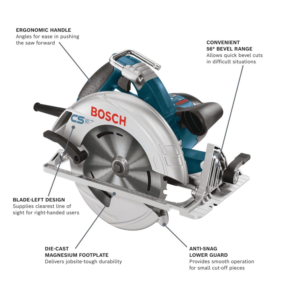 Bosch CS10 magnesium footplate for durability and flat, stable cutting.