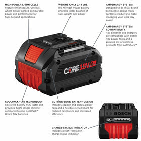 Bosch GBA18V80-2PK battery side profile demonstrates lightweight form.