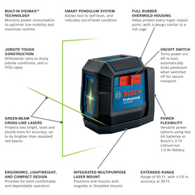 Bosch GLL50-20G self-leveling indicator shows level at a glance for efficiency.