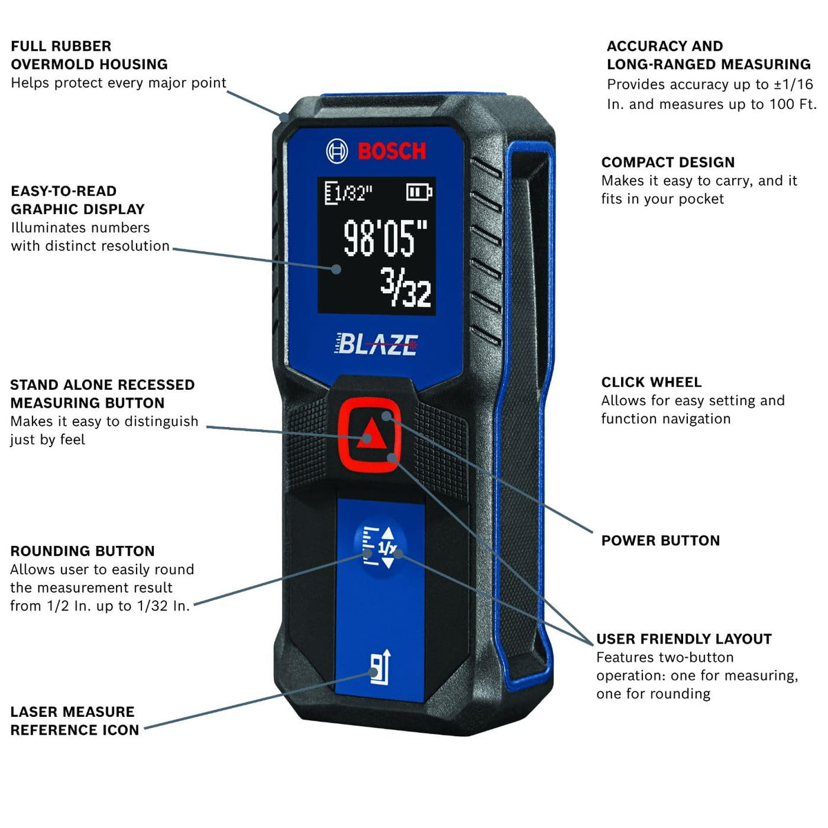 Bosch GLM100-23 Blaze backlit display for clear readings in low light