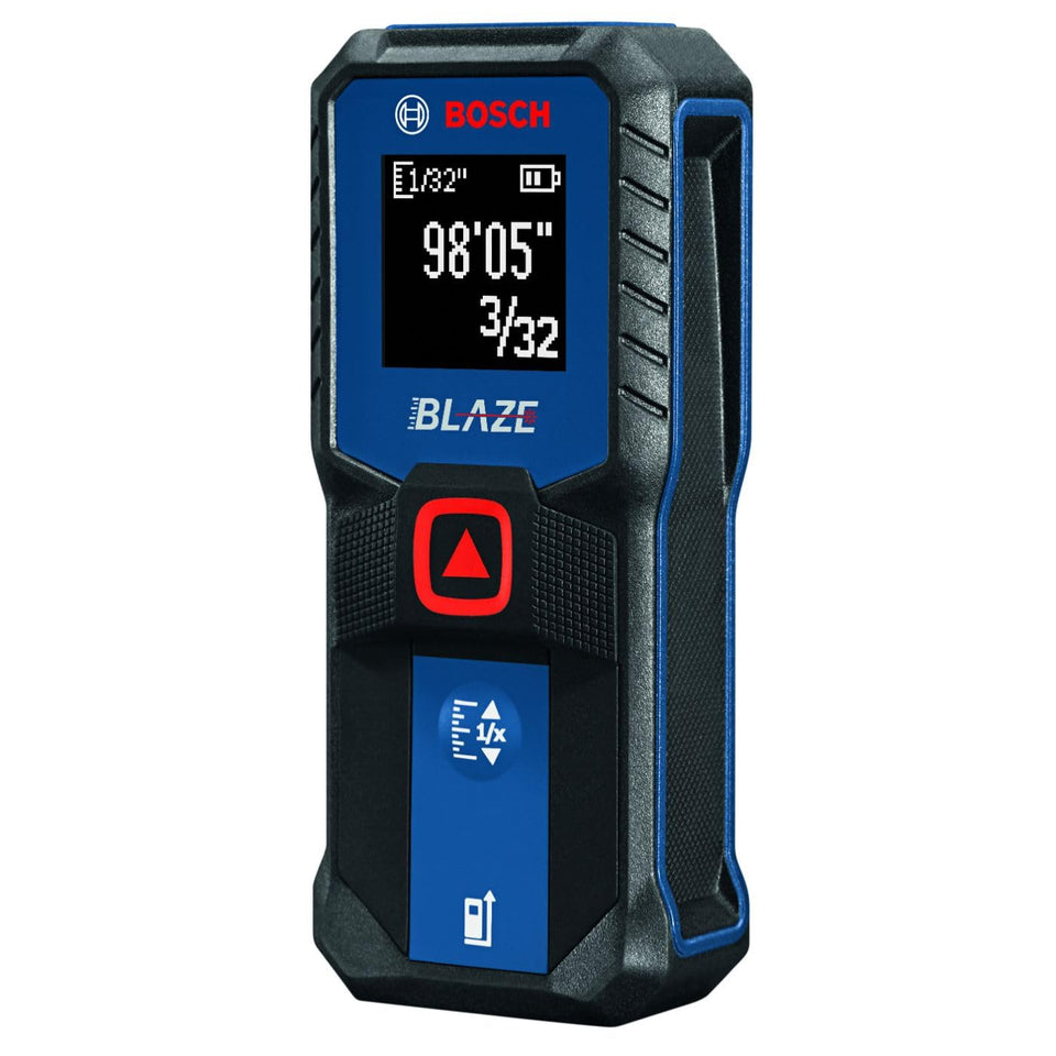 Bosch GLM100-23 Blaze front view showing compact pocket-safe design for quick measurements