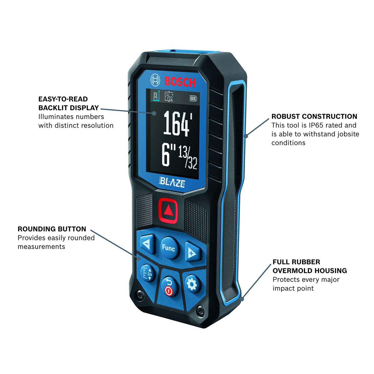 Bosch GLM165-22 Blaze backlit color display for easy reading in dim conditions.