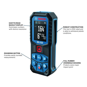Bosch GLM165-22 Blaze backlit color display for easy reading in dim conditions.