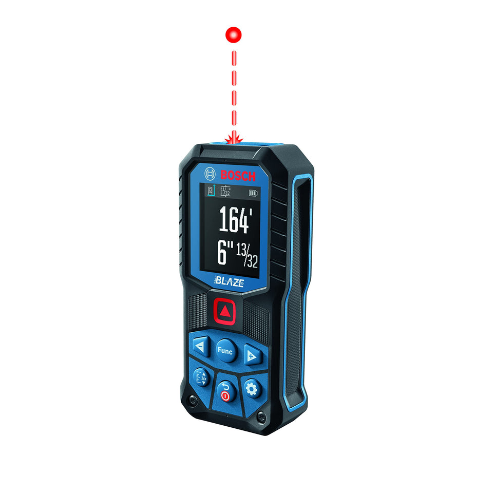 Bosch GLM165-22 Blaze laser distance measure with clear readout for quick measurements.