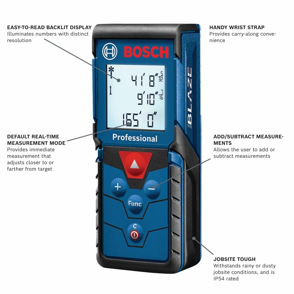 Bosch GLM165-40 Blaze Pro backlit display for clear readings in low light.
