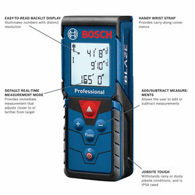 Bosch GLM165-40 Blaze Pro backlit display for clear readings in low light.